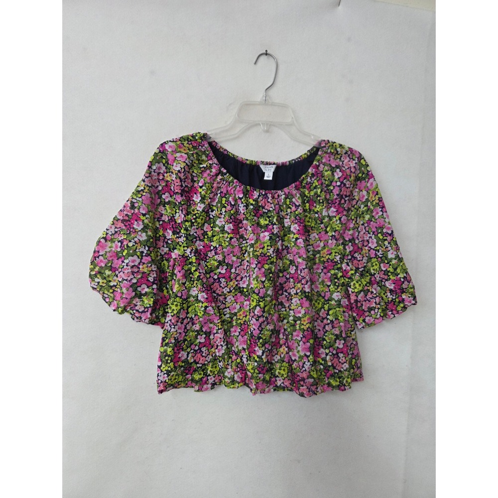 Crown & Ivy Shirt Womens Large Pink Green Floral Cotton Puff Sleeve Blouse